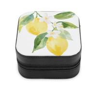 Jubonexis Petite boîte à bijoux aquarelle deux citrons avec feuilles et fleurs blanches portable en cuir synthétique pour femme