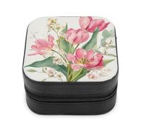 Jubonexis Petite boîte à bijoux aquarelle florale tulipes roses portable en cuir PU Mini boîte de rangement Boîte de rangement pour bijoux de voyage pour femme