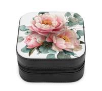 Jubonexis Petite boîte à bijoux aquarelle rose pivoine bouquet portable en cuir PU Mini présentoir boîte de rangement boîte à bijoux de voyage pour femme