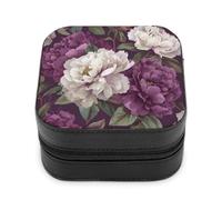 Jubonexis Petite boîte à bijoux blanche et violet foncé pour aquarelle pivoines en cuir synthétique - Mini boîte de rangement de voyage pour femme
