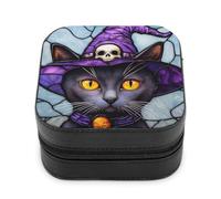 Jubonexis Petite boîte à bijoux d'Halloween en cuir synthétique avec chapeau de sorcière violet - Mini boîte de rangement pour bijoux de voyage pour femme