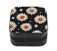 Jubonexis Petite boîte à bijoux en cuir synthétique avec marguerites blanches avec visage de citrouille d'Halloween, mini boîte de rangement portable pour femme