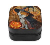 Jubonexis Petite boîte à bijoux en cuir synthétique avec motif chien Corgi habillé comme une sorcière - Mini présentoir de rangement - Boîte à bijoux de voyage pour femme