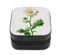 Jubonexis Petite boîte à bijoux en cuir synthétique portable avec marguerites blanches avec tiges et feuilles d'aquarelle - Mini boîte de rangement pour bijoux de voyage pour femme