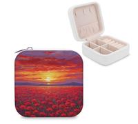 Jubonexis Petite boîte à bijoux portable en cuir PU avec coucher de soleil rouge sur champ de coquelicots