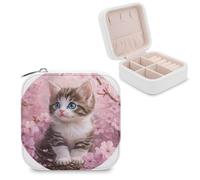 Jubonexis Petite boîte à bijoux portable en cuir PU avec motif chaton assis sur une cerise