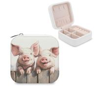 Jubonexis Petite boîte à bijoux portable en cuir PU avec motif de porcelets sur une clôture en bois