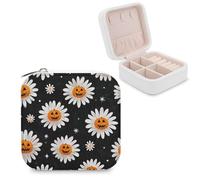 Jubonexis Petite boîte à bijoux portable en cuir synthétique avec marguerites blanches avec visage de citrouille d'Halloween