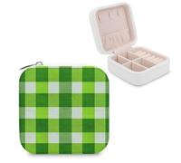 Jubonexis Petite boîte à bijoux portable en cuir synthétique avec motif à carreaux vert gazon et blanc