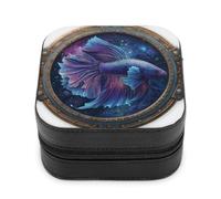 Jubonexis Petite boîte à bijoux portable en cuir synthétique avec poisson violet et bleu dans un vieux hublot - Mini présentoir de rangement pour bijoux de voyage pour femme