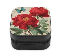 Jubonexis Petite boîte à bijoux rouge pivoine et papillon vintage portable en cuir PU Mini présentoir boîte de rangement boîte à bijoux de voyage pour femme