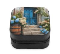 Jubonexis Petite boîte à bijoux rustique vieille maison bleue hortensias portable en cuir synthétique mini présentoir boîte de rangement boîte à bijoux de voyage pour femme