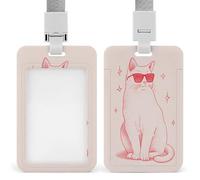 Jubonexis Porte-badge minimaliste en forme de chat rouge portant des lunettes de soleil rectangulaires, porte-badge rétractable, porte-cartes, porte-nom, étiquette de nom pour travail, bureau, médecin