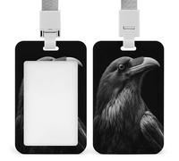 Jubonexis Porte-badge noir et blanc avec clip rétractable pour carte d'identité portrait de corbeau pour le travail, le bureau, le médecin, l'infirmière