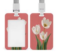 Jubonexis Porte-badge rétractable avec 3 tulipes blanches sur rose - Porte-carte de protection pour le travail, le bureau, les médecins, les infirmières