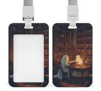 Jubonexis Porte-badge rétractable avec clip pour carte d'identité de bibliothèque en bois avec inscription « Ghosts Reading at A A Wooden Library » pour le travail, le bureau, les médecins, les