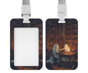 Jubonexis Porte-badge rétractable avec clip pour carte d'identité de bibliothèque en bois avec inscription « Ghosts Reading at A A Wooden Library » pour le travail, le bureau, les médecins, les