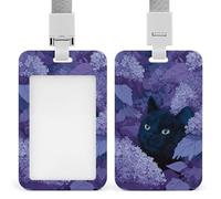 Jubonexis Porte-badge rétractable avec motif chat noir caché dans des fleurs lilas