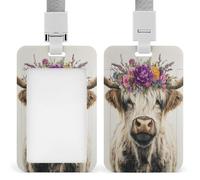 Jubonexis Porte-badge rétractable avec motif de vache des Highlands portant une couronne de fleurs violettes - Porte-carte de protection pour le travail, le bureau, les médecins, les infirmières
