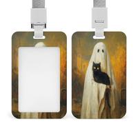Jubonexis Porte-badge rétractable avec motif fantôme blanc fantaisiste tenant un chat noir pour le travail, le bureau, les médecins, les infirmières