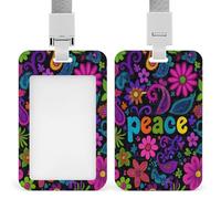 Jubonexis Porte-badge rétractable avec motif fleurs colorées et signes de paix pour le travail, le bureau, les médecins, les infirmières