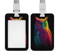 Jubonexis Porte-badge rétractable avec motif hibou arc-en-ciel fluo dégradé surréaliste pour le travail, le bureau, les médecins, les infirmières