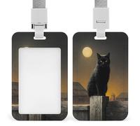 Jubonexis Porte-badge rétractable en forme de chat noir sur une vieille clôture en bois et lune pour le travail, le bureau, les médecins, les infirmières