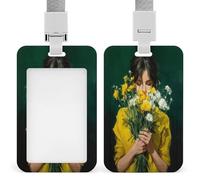 Jubonexis Porte-badge rétractable pour femme tenant des fleurs jaunes et blanches - Porte-carte de protection pour le travail, le bureau, le médecin, l'infirmière