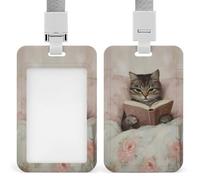 Jubonexis Porte-badge vintage en forme de chat qui lit dans le lit - Porte-carte rétractable - Porte-carte de protection pour le travail, le bureau, le médecin, l'infirmière
