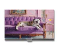 Jubonexis Porte-cartes de visite en métal avec motif bouledogue qui se prélasse sur un canapé violet pour homme et femme