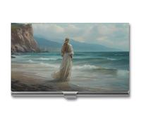 Jubonexis Porte-cartes de visite en métal fin avec inscription Woman Alone Standing on Beach pour homme et femme