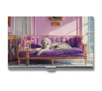 Jubonexis Porte-cartes de visite en métal fin avec motif caniche qui se prélasse sur un canapé violet pour homme et femme