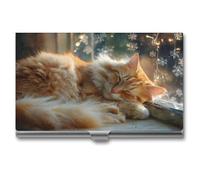 Jubonexis Porte-cartes de visite en métal fin avec motif chat orange endormi sur le rebord de la fenêtre pour homme et femme