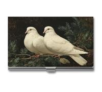 Jubonexis Porte-cartes de visite fin en métal avec deux colombes blanches perchées sur une branche à feuilles persistantes, pour homme et femme