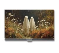 Jubonexis Porte-cartes de visite fin en métal avec deux fantômes mignons qui marchent sur le terrain de fleurs sauvages pour homme et femme