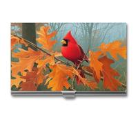 Jubonexis Porte-cartes de visite fin en métal avec motif oiseau rouge sur chêne, feuilles d'orange, pour homme et femme