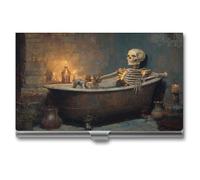 Jubonexis Porte-cartes de visite squelette dans une baignoire à l'ancienne, étui fin en métal pour cartes de visite pour homme et femme