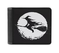 Jubonexis Portefeuille à deux volets en cuir PU souple avec inscription « Full Moon A Witch Flying on Broom » - Porte-monnaie - Durable - Porte-cartes fin - Pour homme et femme