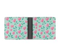 Jubonexis Portefeuille à deux volets en cuir PU souple avec motif cœurs roses et feuilles vertes sur fond menthe clair, porte-monnaie pour carte de crédit, portefeuille fin et durable pour hommes et
