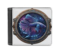 Jubonexis Portefeuille à deux volets en cuir PU souple avec motif poisson dans un vieux bateau dans un hublot violet et bleu, porte-monnaie, porte-monnaie, porte-cartes, portefeuille fin pour homme et