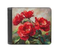 Jubonexis Portefeuille à deux volets en cuir PU souple avec motif roses rouges vifs, porte-monnaie, carte de crédit, porte-cartes fin pour homme et femme
