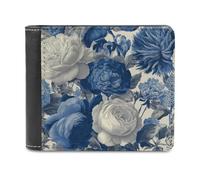 Jubonexis Portefeuille à deux volets en cuir PU souple avec roses et fleurs bleues et blanches, porte-monnaie, porte-monnaie, porte-cartes, porte-cartes fin pour homme et femme