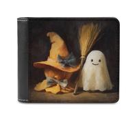 Jubonexis Portefeuille à deux volets en cuir synthétique souple avec chapeau de sorcière en forme de bâton de balai blanc pour Halloween, porte-monnaie, carte de crédit, porte-cartes fin pour homme et