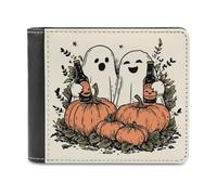 Jubonexis Portefeuille à deux volets en cuir synthétique souple avec citrouilles d'Halloween et fantômes tenant des bouteilles de bière, porte-monnaie, carte de crédit, porte-cartes, portefeuille fin