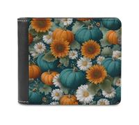 Jubonexis Portefeuille à deux volets en cuir synthétique souple avec citrouilles et tournesols bleu sarcelle foncé, porte-monnaie, carte de crédit, porte-cartes fin pour homme et femme
