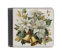 Jubonexis Portefeuille à deux volets en cuir synthétique souple avec fleurs de poinsettia blanches, cloches dorées, houx, porte-monnaie, porte-monnaie, carte de crédit, portefeuille fin durable pour
