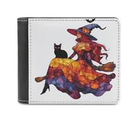 Jubonexis Portefeuille à deux volets en cuir synthétique souple avec joli motif de sorcière et chat noir, porte-monnaie, porte-monnaie, carte de crédit, porte-cartes fin pour homme et femme