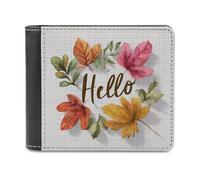 Jubonexis Portefeuille à deux volets en cuir synthétique souple avec mot « Hello » sur motif feuilles d'automne aquarelle, porte-monnaie, carte de crédit, porte-cartes fin pour homme et femme