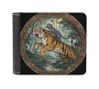 Jubonexis Portefeuille à deux volets en cuir synthétique souple avec motif chat chevauchant sur un tigre rugissant, porte-monnaie, carte de crédit, porte-cartes fin pour homme et femme