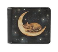 Jubonexis Portefeuille à deux volets en cuir synthétique souple avec motif chat marron endormi sur un croissant de lune, porte-monnaie, carte de crédit, porte-cartes pour homme et femme